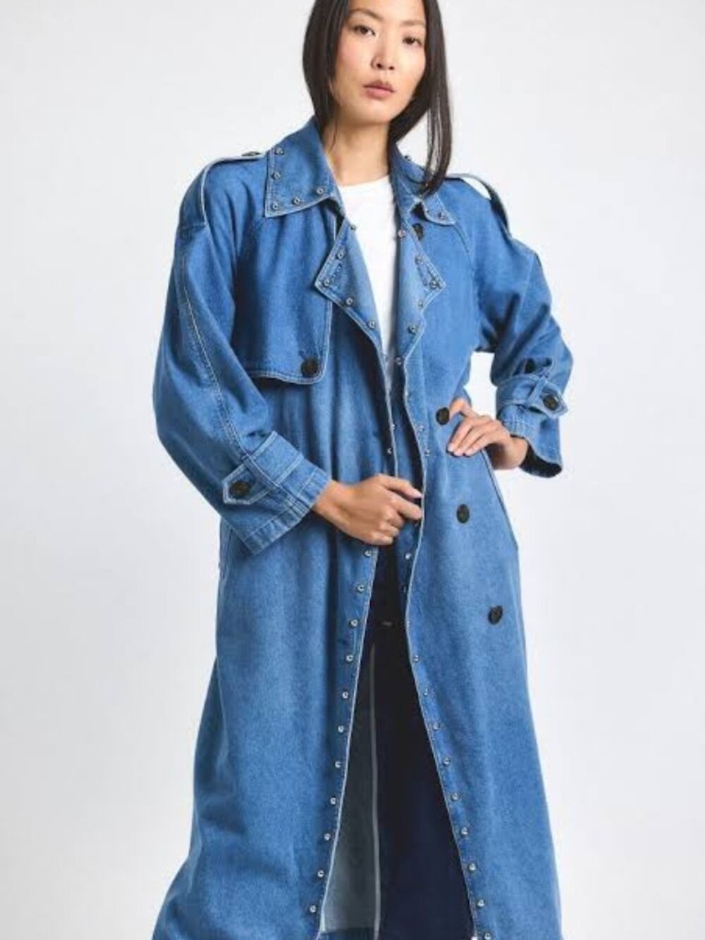 NWT $595 Freda Salvador x Derek Lam 10 Crosby Studded Denim Trench Coat, Size M